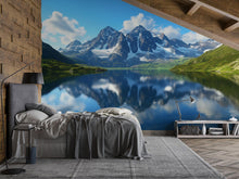 Load image into Gallery viewer, 3D Mountain Lake Wallpaper Mural With Snowy Peaks And Reflections – Realistic Nature Wall Art For Bedroom, Cabin Or Living Room