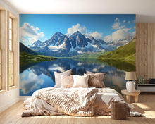 Load image into Gallery viewer, 3D Mountain Lake Wallpaper Mural With Snowy Peaks And Reflections – Realistic Nature Wall Art For Bedroom, Cabin Or Living Room