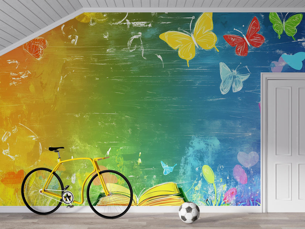 Colorful Rainbow Butterfly Wall Mural for Kids Room – Playroom Decor – Bright Watercolor Art – Nursery Wallpaper – Digital Download Vn415