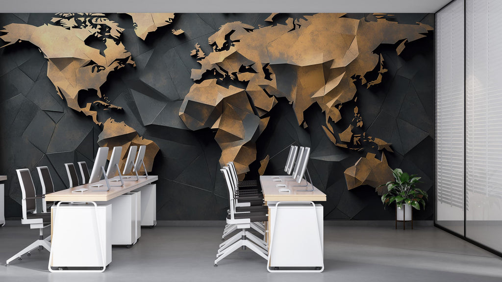 3D World Map Wall Mural Office Decor | Modern Geography Wall Art | Global Workspace Wallpaper | Abstract Map Wall Panel Vn418