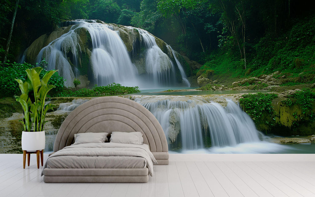 3D Tropical Waterfall Wallpaper Mural With Cascading Water And Jungle Vibes – Realistic Nature Wall Art For Bedroom Or Spa – Stylish Gift