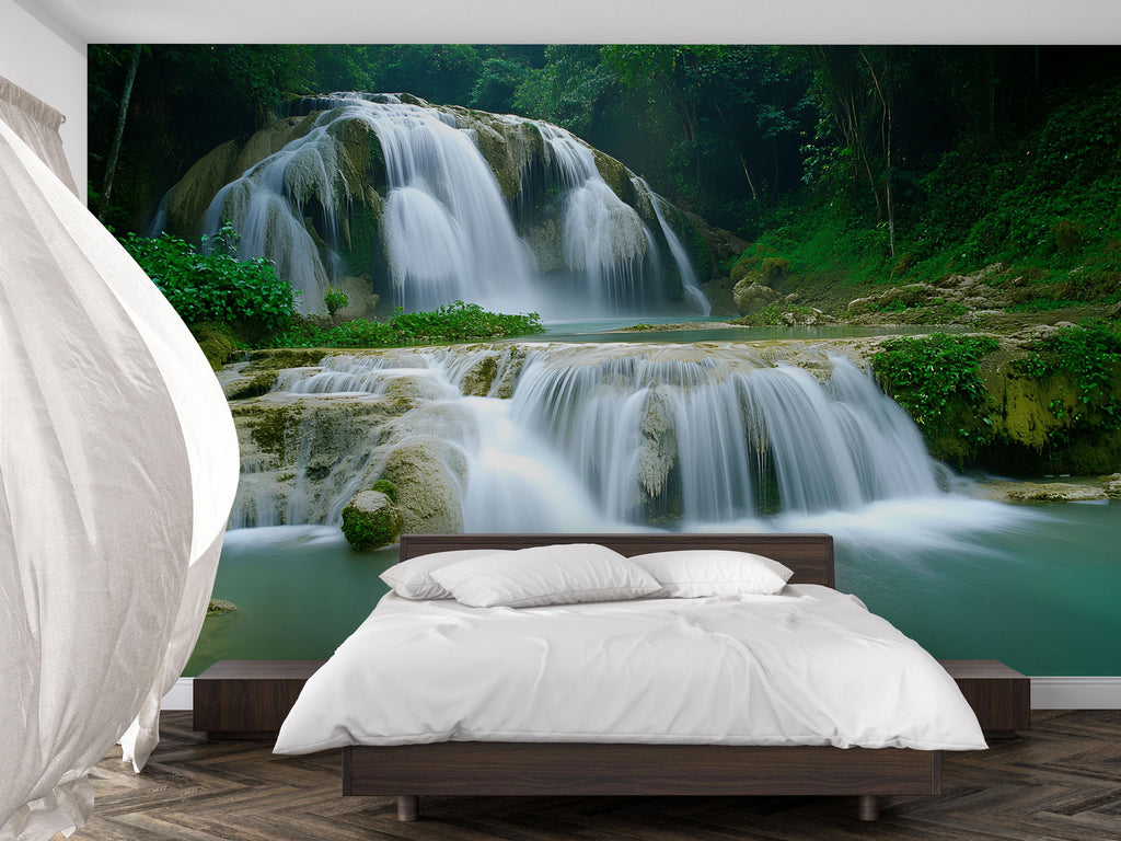 3D Tropical Waterfall Wallpaper Mural With Cascading Water And Jungle Vibes – Realistic Nature Wall Art For Bedroom Or Spa – Stylish Gift