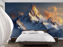 Load image into Gallery viewer, 3D Snowy Mountain Wallpaper Mural With Sunset Sky – Realistic Nature Wall Art For Bedroom Or Cabin – Bold Scenic Landscape Decor Gift