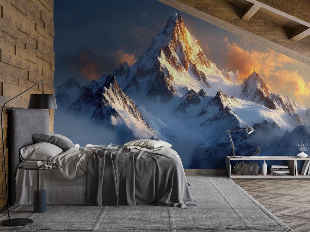 3D Snowy Mountain Wallpaper Mural With Sunset Sky – Realistic Nature Wall Art For Bedroom Or Cabin – Bold Scenic Landscape Decor Gift