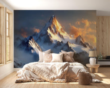Load image into Gallery viewer, 3D Snowy Mountain Wallpaper Mural With Sunset Sky – Realistic Nature Wall Art For Bedroom Or Cabin – Bold Scenic Landscape Decor Gift
