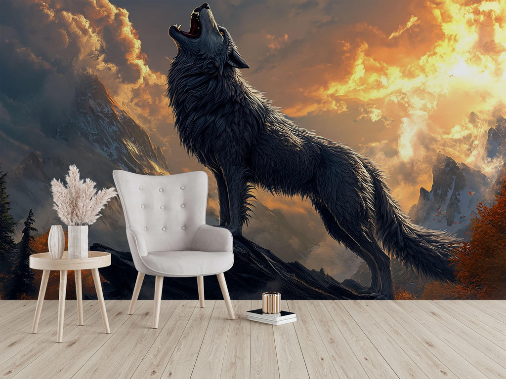 3D Wolf Howling Wall Mural - Majestic Mountain Landscape Art - Modern Home Decor Gift