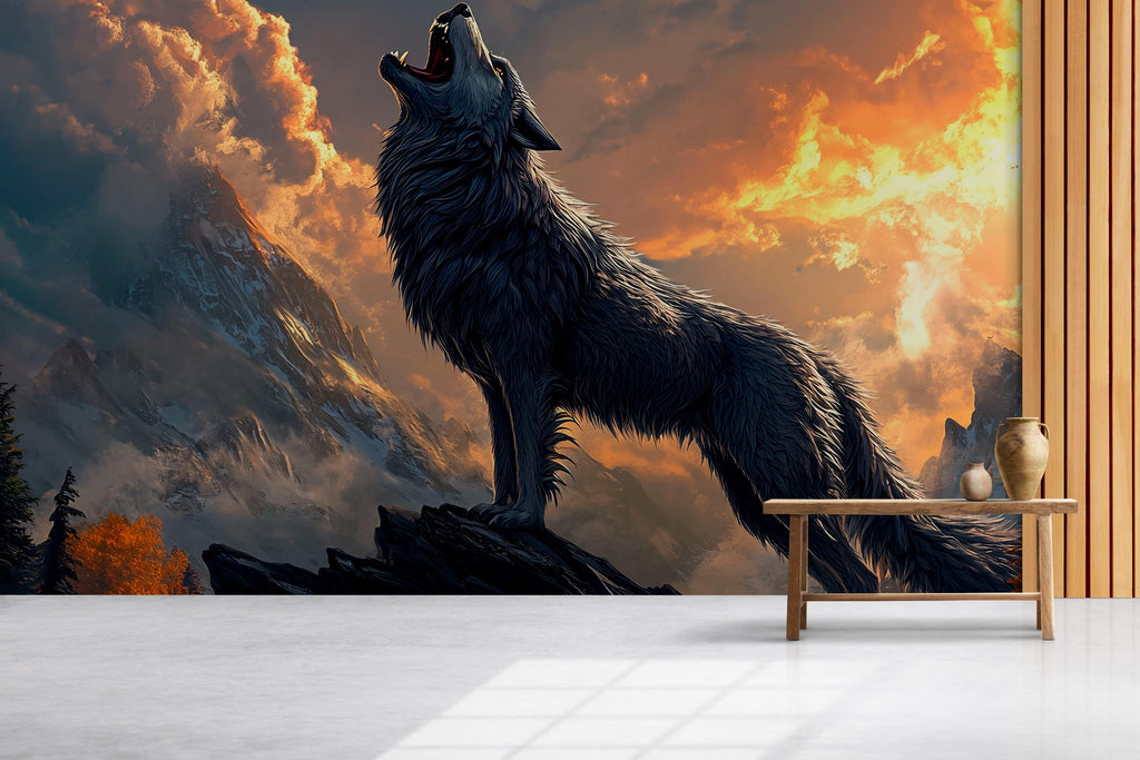 3D Wolf Howling Wall Mural - Majestic Mountain Landscape Art - Modern Home Decor Gift