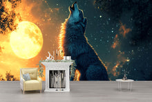 Load image into Gallery viewer, 3D Wolf Howling at Moon Wall Mural – Mystical Night Forest Decor for Bedrooms and Living Rooms