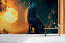 Load image into Gallery viewer, 3D Wolf Howling at Moon Wall Mural – Mystical Night Forest Decor for Bedrooms and Living Rooms