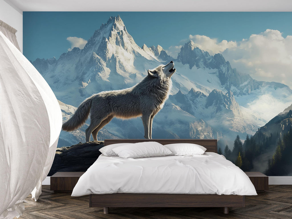 3D Wolf & Mountain Wall Mural – Snowy Alpine Landscape Nature Decor