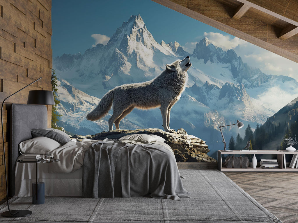 3D Wolf & Mountain Wall Mural – Snowy Alpine Landscape Nature Decor
