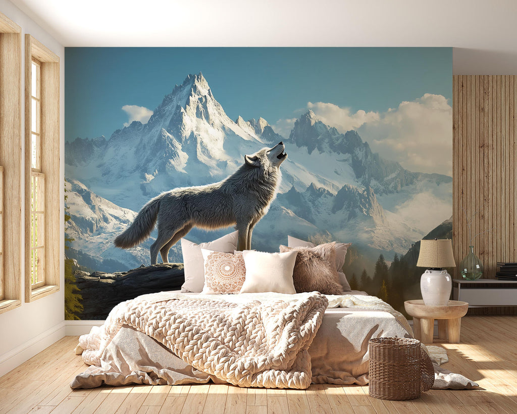 3D Wolf & Mountain Wall Mural – Snowy Alpine Landscape Nature Decor