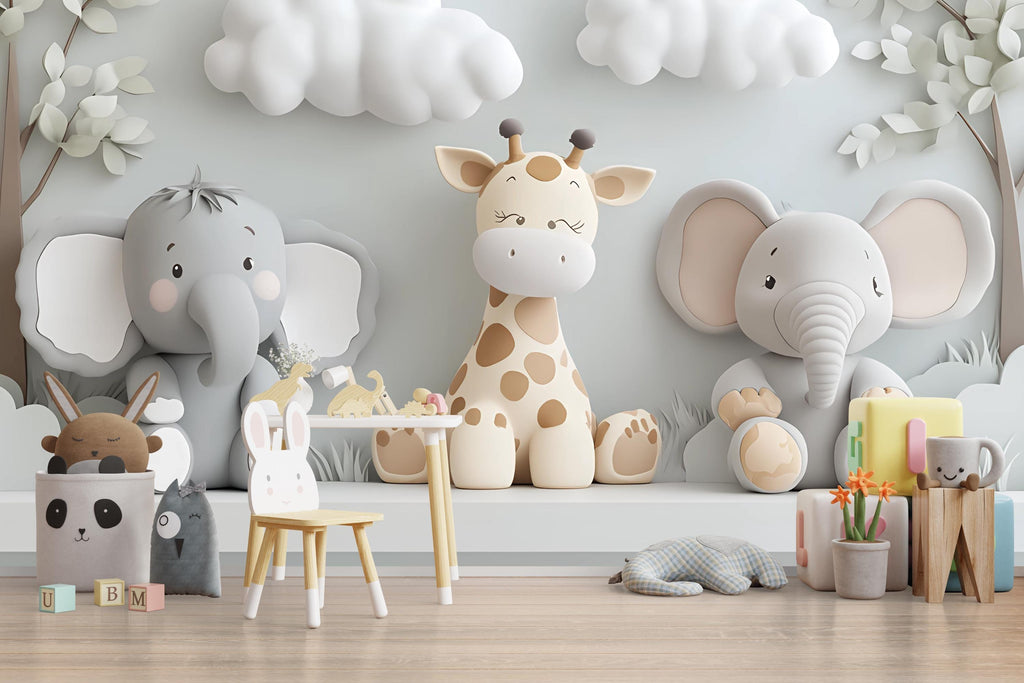 Safari Animal Nursery Wall Art - Giraffe & Elephant 3D Cartoon Mural for Kids Room - Neutral Jungle Baby Room Decor Vn426