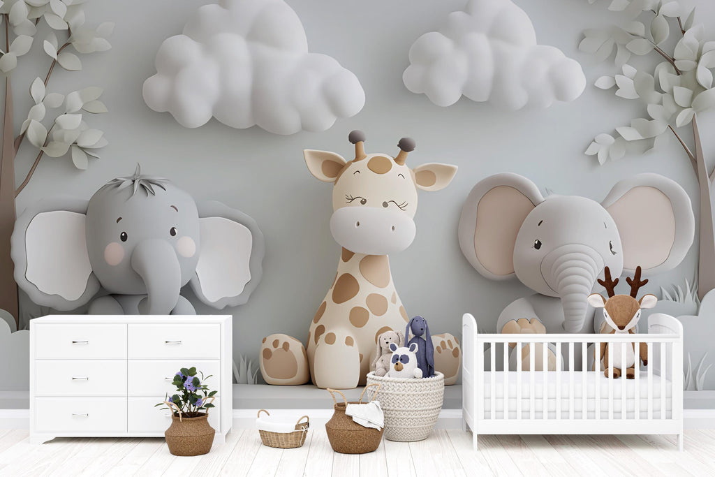Safari Animal Nursery Wall Art - Giraffe & Elephant 3D Cartoon Mural for Kids Room - Neutral Jungle Baby Room Decor Vn426