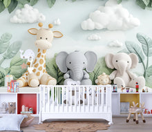 Load image into Gallery viewer, Safari Nursery Wall Art, Jungle Animal Mural Wallpaper, Giraffe Elephant Baby Room Decor, Cute Animal Wall Decal Vn432