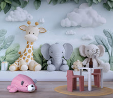 Load image into Gallery viewer, Safari Nursery Wall Art, Jungle Animal Mural Wallpaper, Giraffe Elephant Baby Room Decor, Cute Animal Wall Decal Vn432