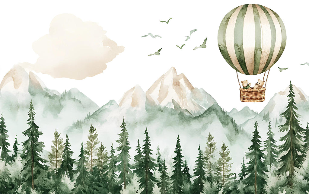 Woodland Forest Mountain Wall Mural for Kids Room – Hot Air Balloon Animal Nursery Wallpaper – Adventure Baby Room Decor Vn444