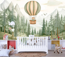 Load image into Gallery viewer, Whimsical Forest Hot Air Balloon Wall Mural – Woodland Animal Nursery Wallpaper – Cute Scenic Kids Room Décor Vn445