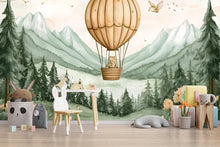 Load image into Gallery viewer, Whimsical Bear Hot Air Balloon Nursery Wall Mural – Forest Mountains Animal Wallpaper for Kids Room Decor Vn447
