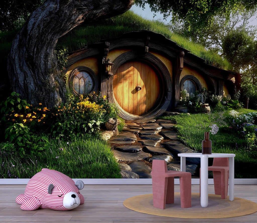 3D Hobbit House Nursery Wall Mural – Cozy Fairy Tale Cottage Decor