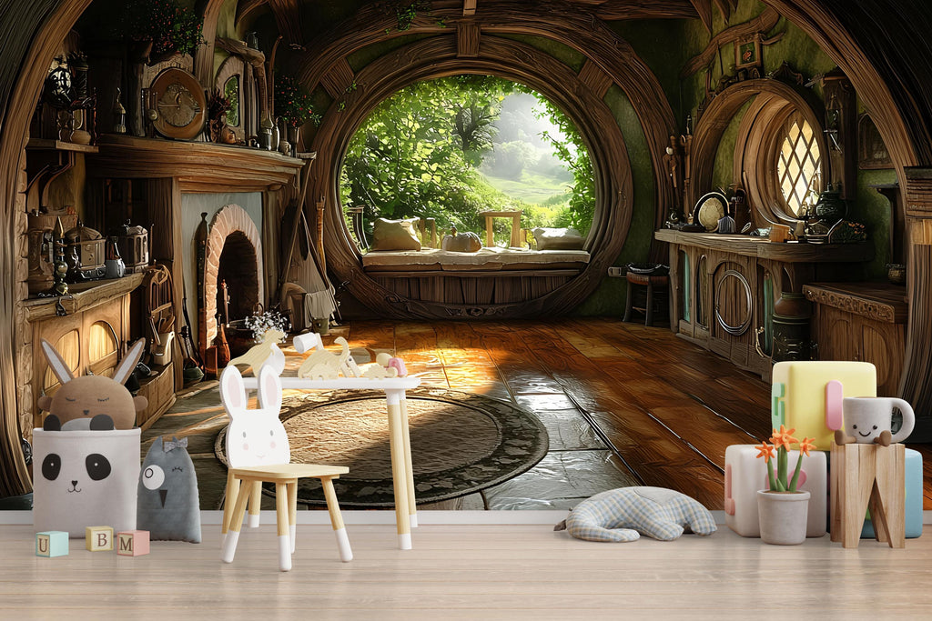 3D Hobbit House Nursery Wall Mural – Cozy Fairy Tale Nursery Decor