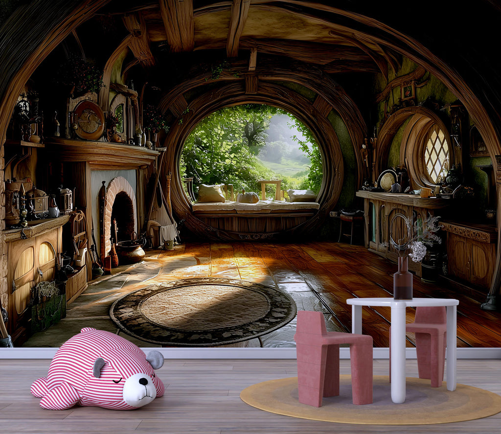 3D Hobbit House Nursery Wall Mural – Cozy Fairy Tale Nursery Decor