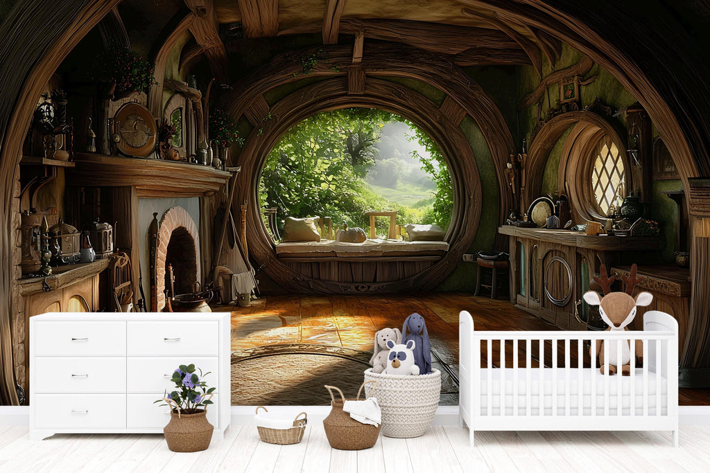 3D Hobbit House Nursery Wall Mural – Cozy Fairy Tale Nursery Decor