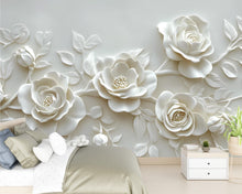 Load image into Gallery viewer, 3D Floral Wall Mural for Bedroom – Elegant White Rose Wallpaper – Luxury Textured Flower Wall Art – Romantic Botanical Wall Decor Vn473