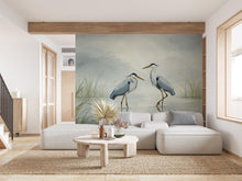 Load image into Gallery viewer, Crane Birds on Lake Wallpaper Watercolor Nature Mural with Moon Stars Crane Birds Forest Wall Art for Nursery Bedroom or Living Room 758RS