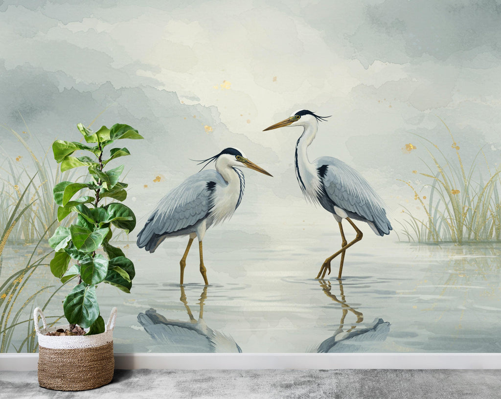 Crane Birds on Lake Wallpaper Watercolor Nature Mural with Moon Stars Crane Birds Forest Wall Art for Nursery Bedroom or Living Room 758RS