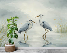 Load image into Gallery viewer, Crane Birds on Lake Wallpaper Watercolor Nature Mural with Moon Stars Crane Birds Forest Wall Art for Nursery Bedroom or Living Room 758RS