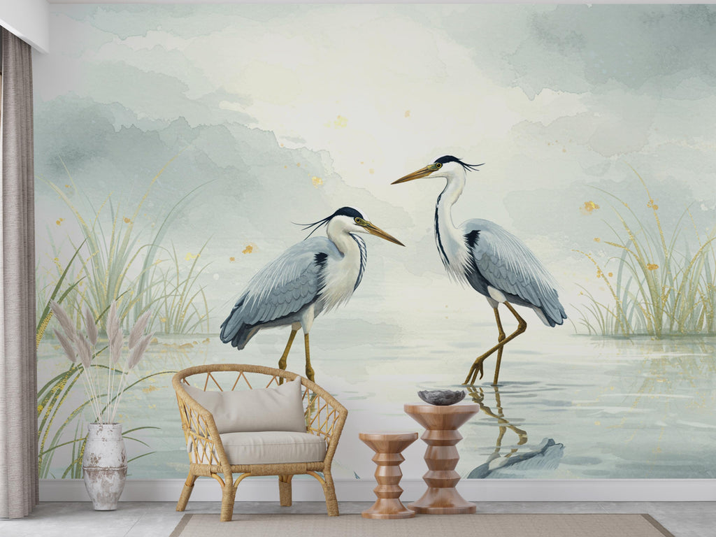 Crane Birds on Lake Wallpaper Watercolor Nature Mural with Moon Stars Crane Birds Forest Wall Art for Nursery Bedroom or Living Room 758RS