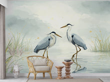 Load image into Gallery viewer, Crane Birds on Lake Wallpaper Watercolor Nature Mural with Moon Stars Crane Birds Forest Wall Art for Nursery Bedroom or Living Room 758RS