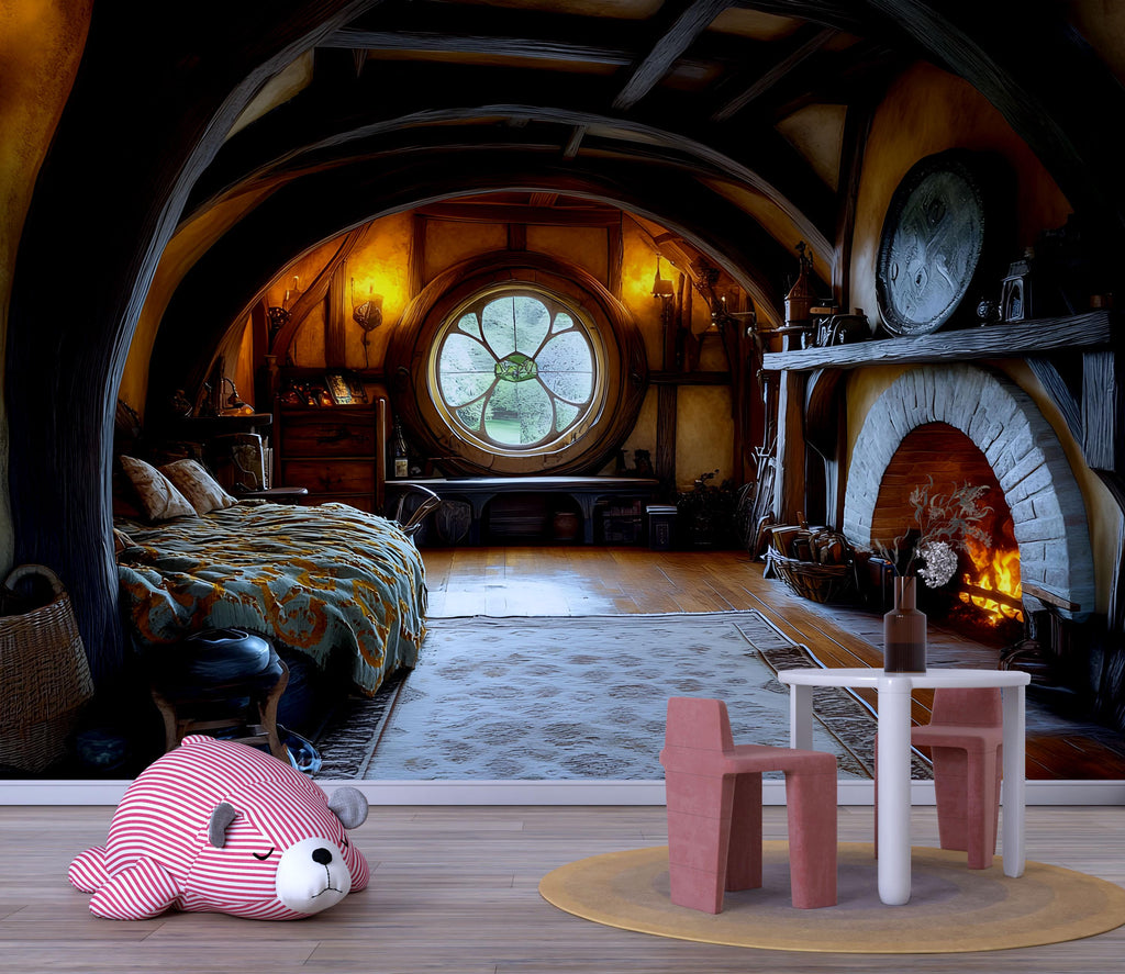 3D Hobbit House Nursery Mural – Cozy Woodland Kids Room Decor