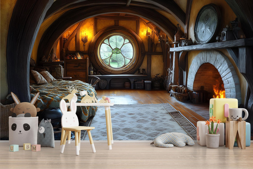 3D Hobbit House Nursery Mural – Cozy Woodland Kids Room Decor