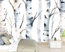 Load image into Gallery viewer, Watercolor Birch Tree Wall Mural | Forest Wallpaper for Bedroom | Scandinavian Nature Wall Art | Removable Peel and Stick Mural Vn487