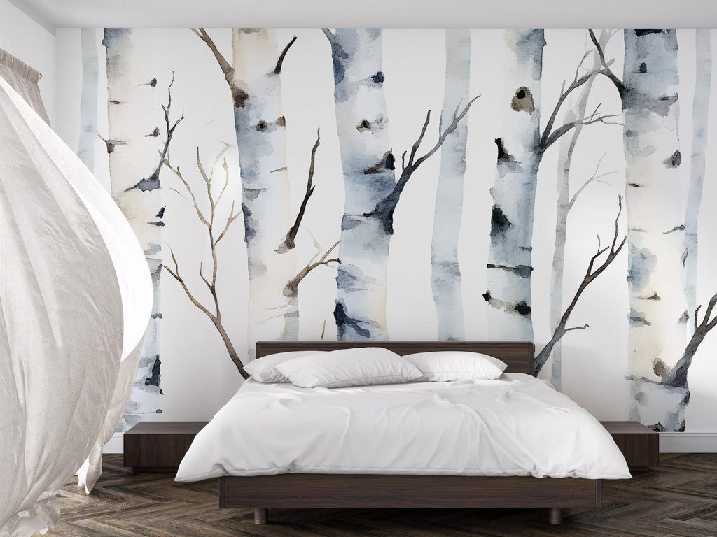 Watercolor Birch Tree Wall Mural | Forest Wallpaper for Bedroom | Scandinavian Nature Wall Art | Removable Peel and Stick Mural Vn487