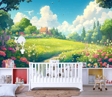 Load image into Gallery viewer, 3D Cartoon Meadow Wallpaper Mural For Nursery – Whimsical Flower Field Landscape With Cottage And Sky – Cute Nature Wall Art For Baby Room