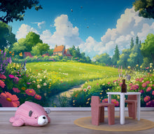 Load image into Gallery viewer, 3D Cartoon Meadow Wallpaper Mural For Nursery – Whimsical Flower Field Landscape With Cottage And Sky – Cute Nature Wall Art For Baby Room