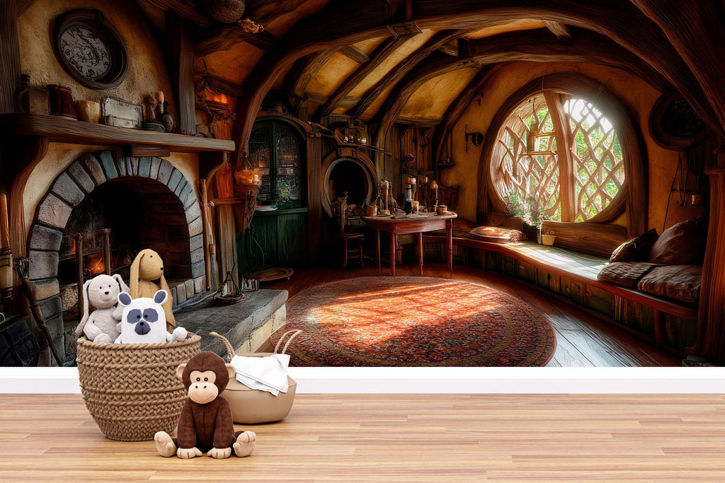 3D Hobbit House Wall Mural for Kids – Cozy Woodland Reading Nook Decor, Nursery Playroom Fairy Tale Style Art – Magical Birthday Gift, Baby