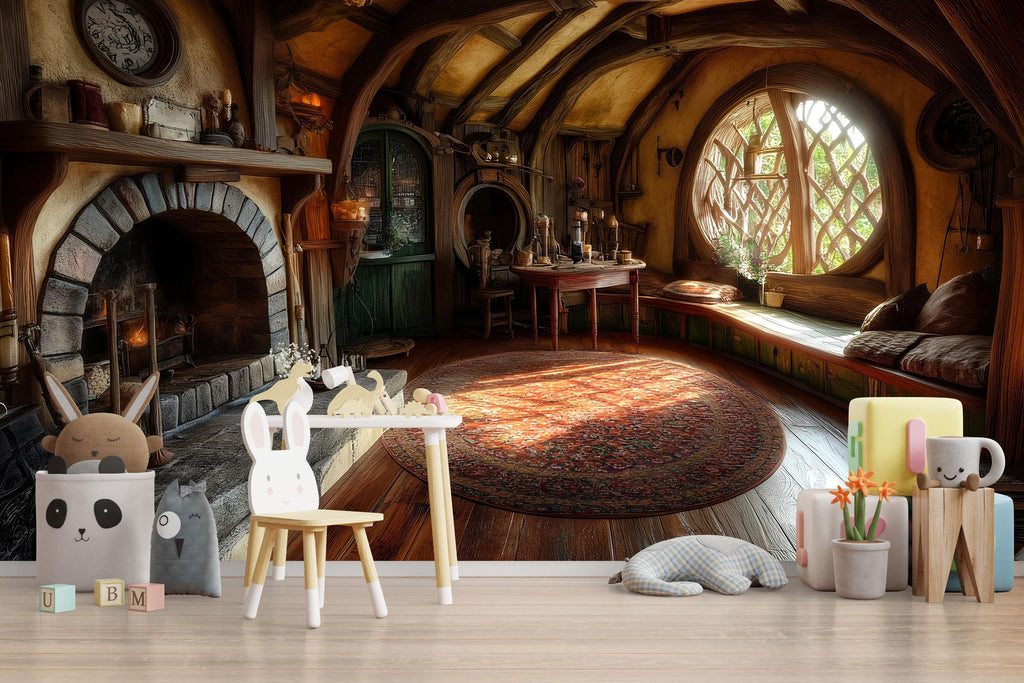 3D Hobbit House Wall Mural for Kids – Cozy Woodland Reading Nook Decor, Nursery Playroom Fairy Tale Style Art – Magical Birthday Gift, Baby