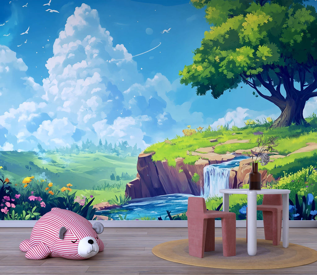 3D Cartoon Waterfall Wallpaper Mural For Nursery – Whimsical Nature Scene With Tree, River And Clouds – Baby Room Or Gift For Baby Shower
