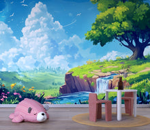 Load image into Gallery viewer, 3D Cartoon Waterfall Wallpaper Mural For Nursery – Whimsical Nature Scene With Tree, River And Clouds – Baby Room Or Gift For Baby Shower