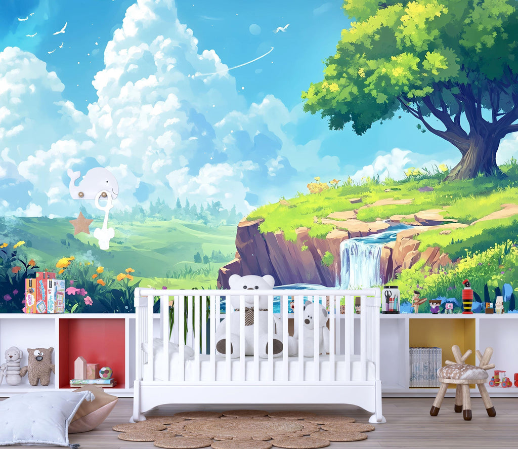 3D Cartoon Waterfall Wallpaper Mural For Nursery – Whimsical Nature Scene With Tree, River And Clouds – Baby Room Or Gift For Baby Shower