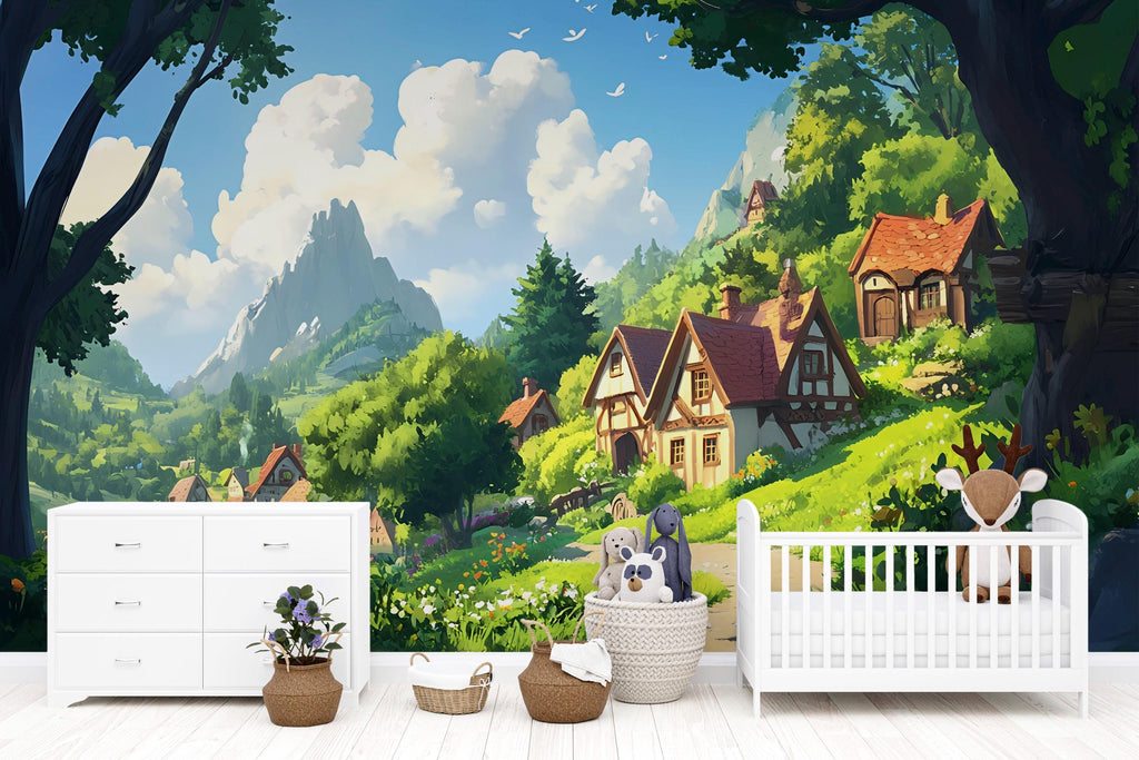 3D Storybook Village Wallpaper Mural For Nursery – Whimsical Cottage Hillside Scene With Mountains – Baby Room Decor Or Gift For Baby