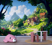 Load image into Gallery viewer, 3D Storybook Village Wallpaper Mural For Nursery – Whimsical Cottage Hillside Scene With Mountains – Baby Room Decor Or Gift For Baby