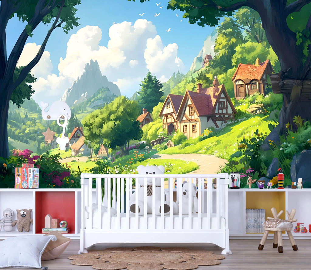 3D Storybook Village Wallpaper Mural For Nursery – Whimsical Cottage Hillside Scene With Mountains – Baby Room Decor Or Gift For Baby