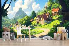 Load image into Gallery viewer, 3D Storybook Village Wallpaper Mural For Nursery – Whimsical Cottage Hillside Scene With Mountains – Baby Room Decor Or Gift For Baby