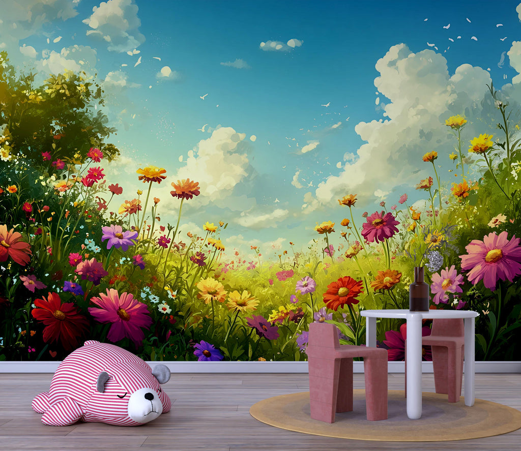 3D Floral Meadow Wallpaper Mural For Nursery – Whimsical Wildflower Field And Sky – Colorful Baby Room Decor Or Stylish Gift For Baby Shower