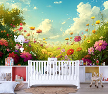 Load image into Gallery viewer, 3D Floral Meadow Wallpaper Mural For Nursery – Whimsical Wildflower Field And Sky – Colorful Baby Room Decor Or Stylish Gift For Baby Shower